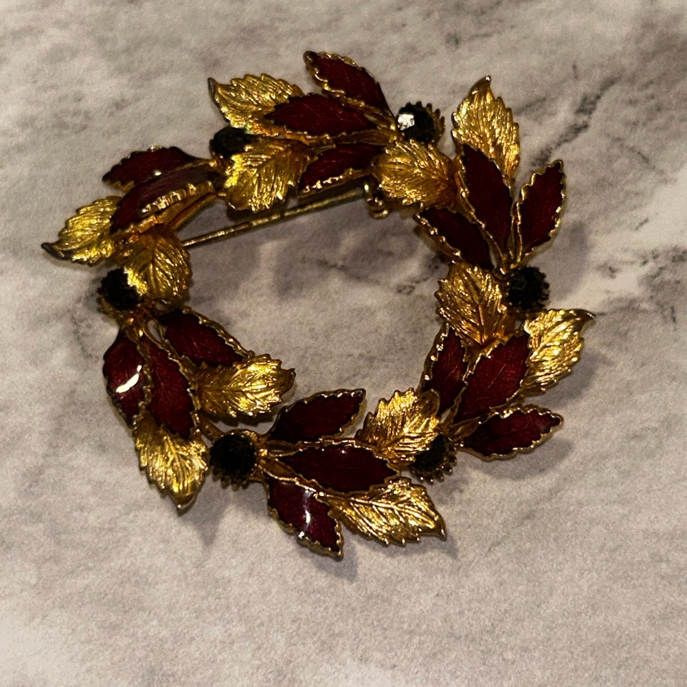Elegant Gold and Red Leaf Brooch